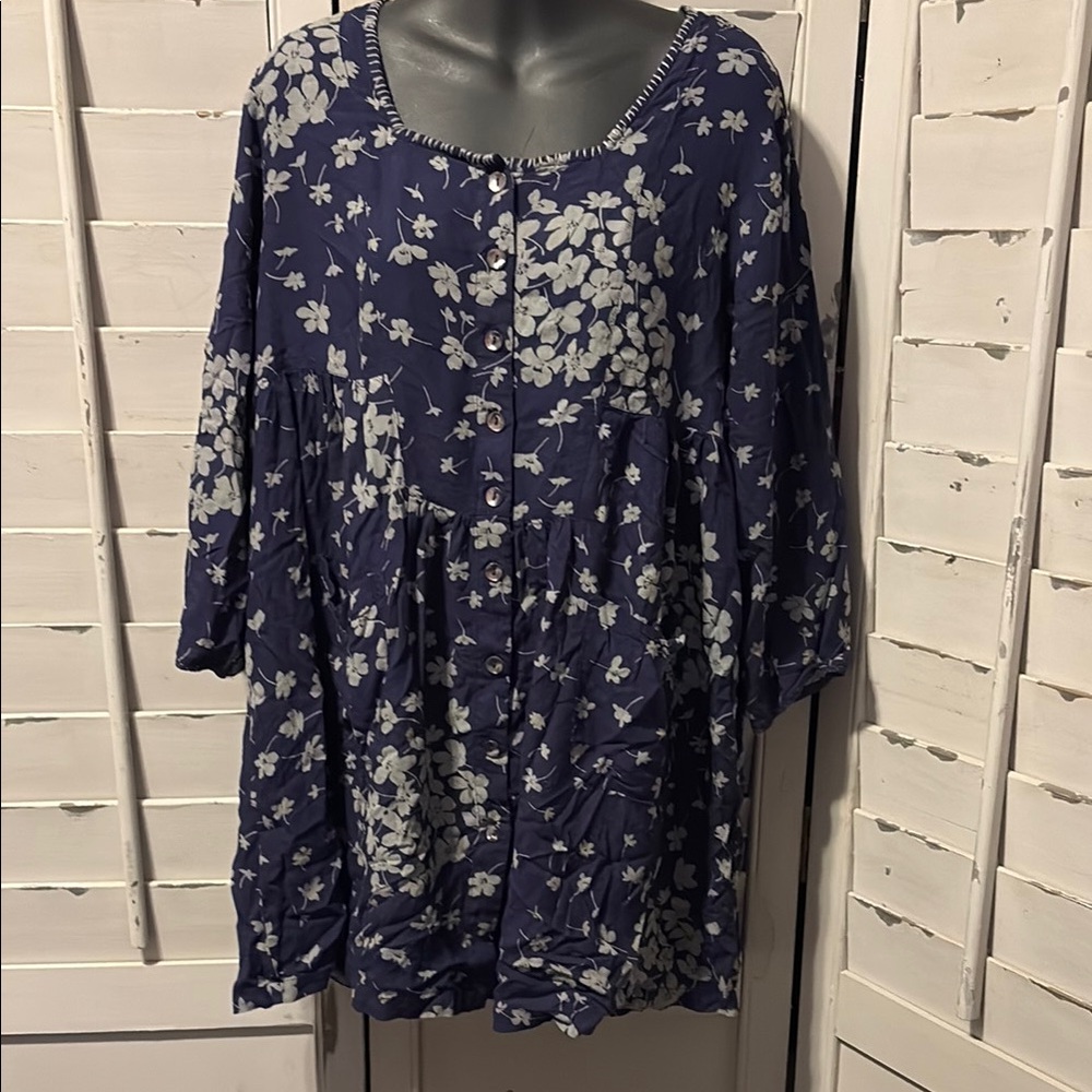 April Cornell Blue and White 3/4 Sleeve Boxy Blouse